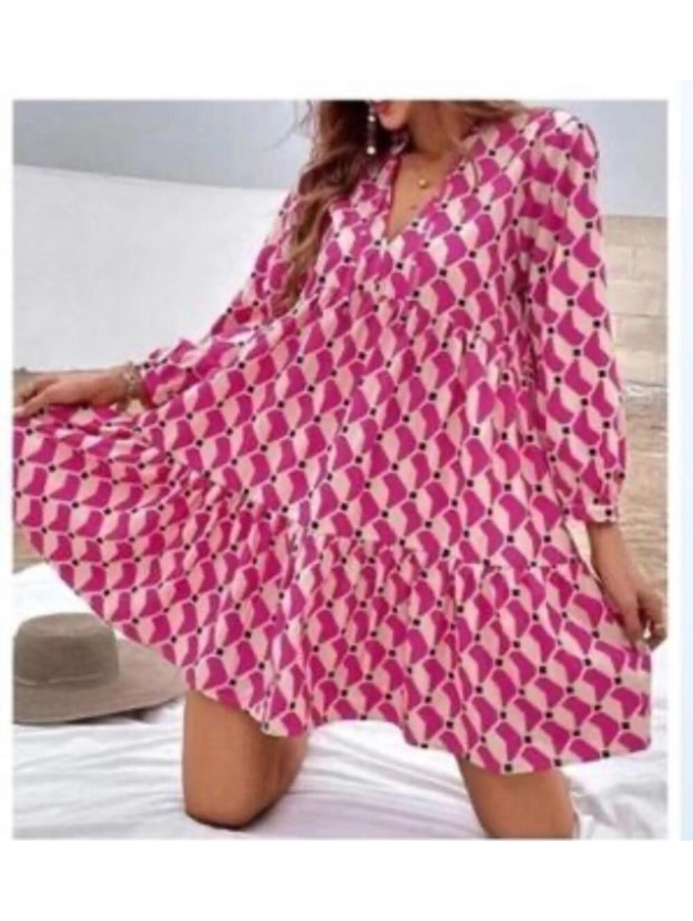Zara The Cadie Tiered Pink Geometric A-Line Puff Sleeve Dress Medium